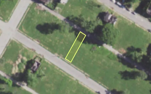 Aerial view of 5879 THEODOSIA AV — vacant lot, St. Louis with approximate parcel outline