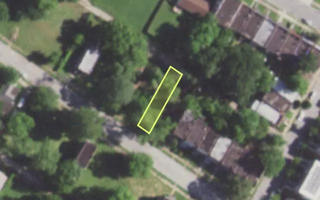 Aerial view of 5623 THEODOSIA AV — vacant lot, St. Louis with approximate parcel outline